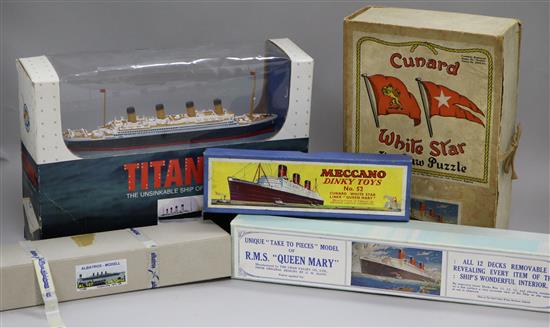 A boxed Chad Valley model of RMS Queen Mary, a boxed Meccano Dinky Toys no. 52 Queen Mary and other liner etc.